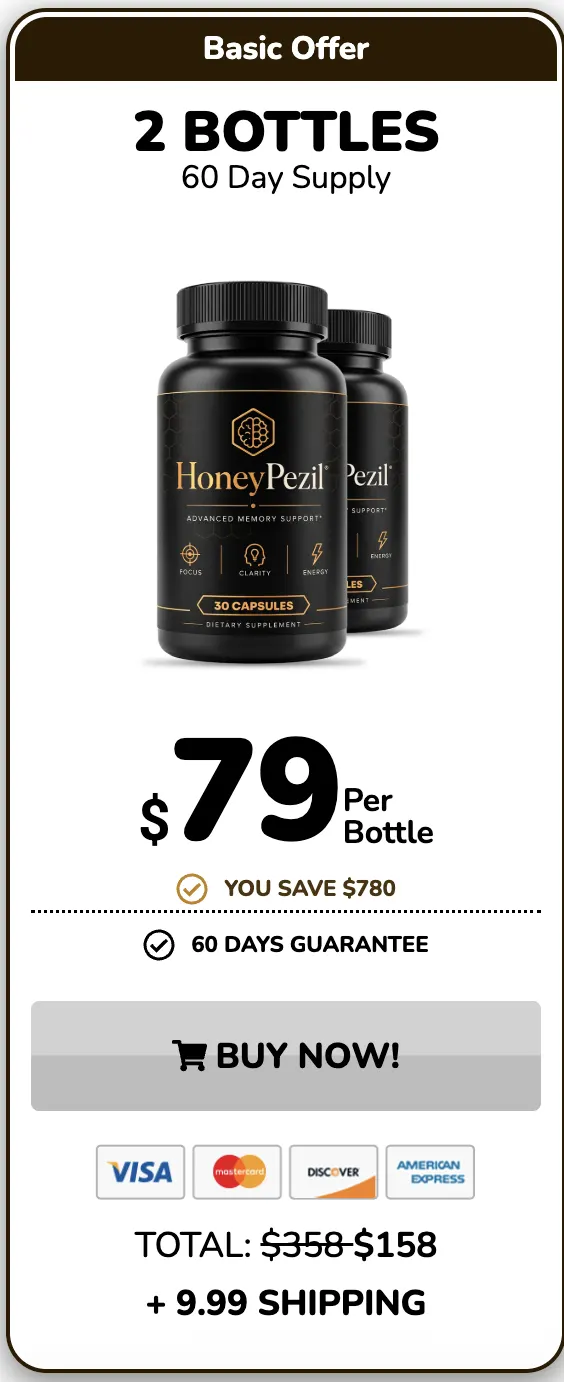 HoneyPezil 2 bottle package, 60 day supply, 79 dollars per bottle