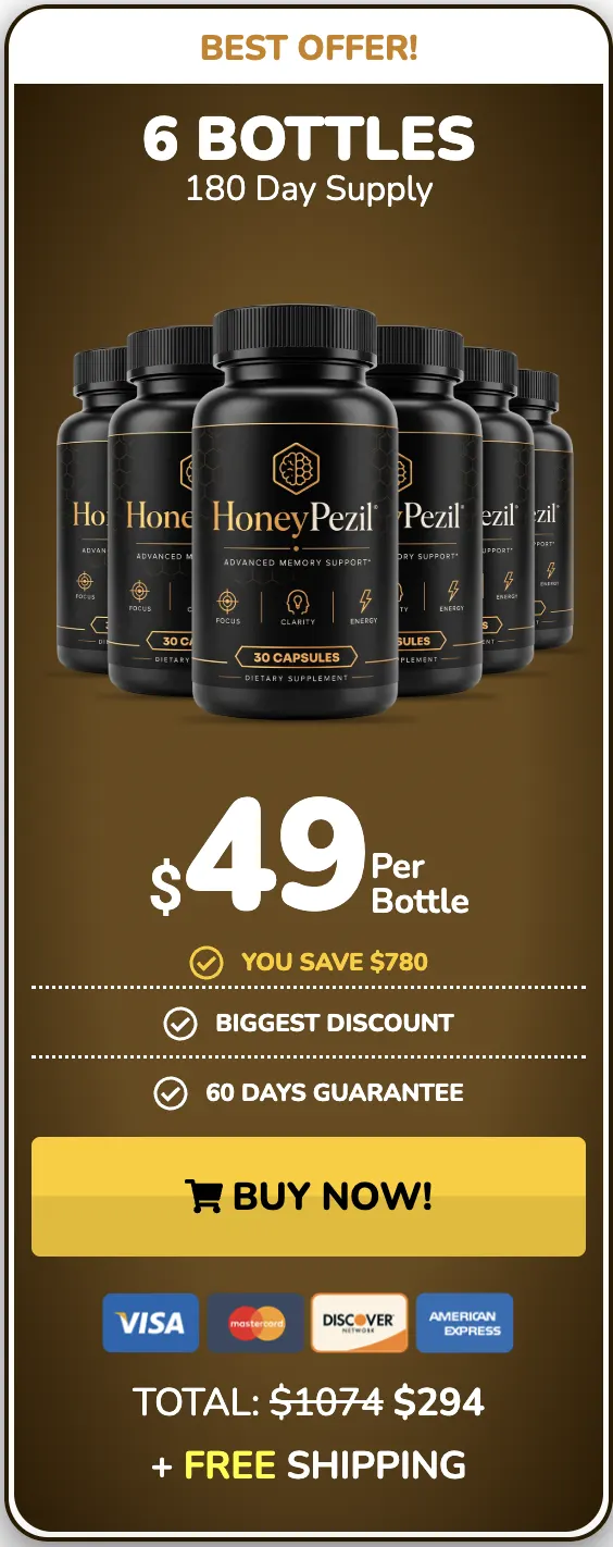 HoneyPezil 6 bottle package, 180 day supply, 49 dollars per bottle